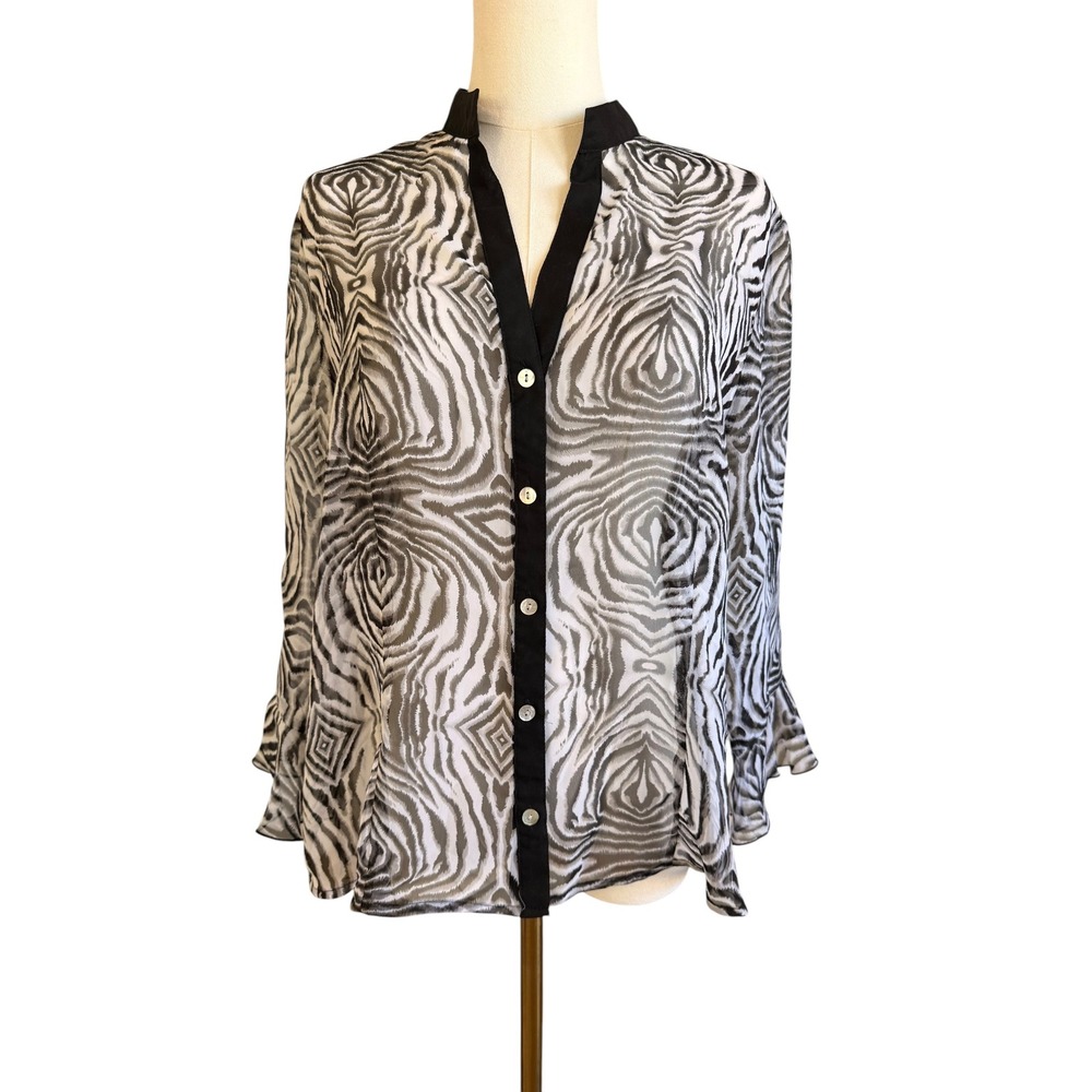 Investments Zebra Print Sheer Blouse Ruffle Cuff Black White Size M